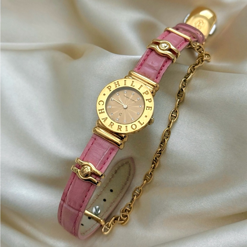 AUTHENTIC VINTAGE PHILIPPE CHARRIOL PINK LEATHER DIAMOND WATCH